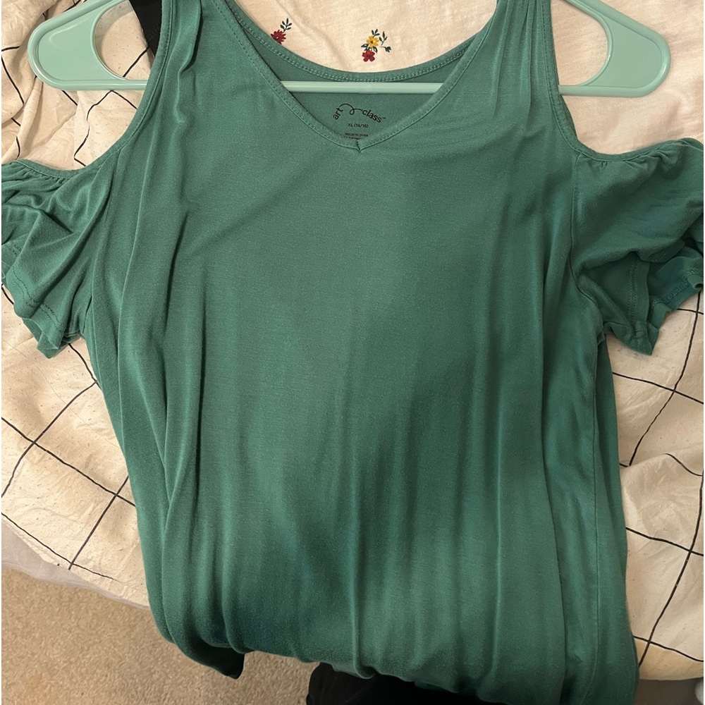 Green off the shoulder kid shirt